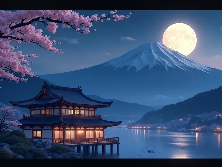 Japan night landscape , Mountains,  in the foreground of the building and a sakura branch on the side, in the sky, the moon 