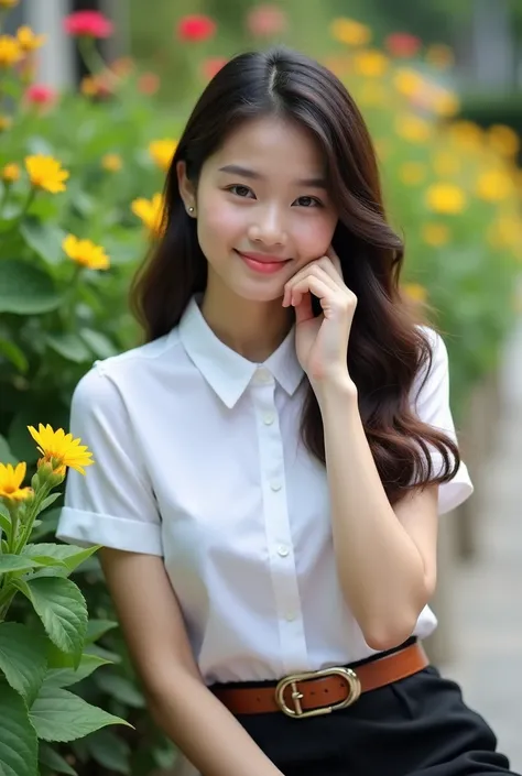 A young Thai woman 18 years old sit gracefully in a vibrant garden, surrounded by lush greenery and colorful blooming flowers. wear a Mahalai uniform,white short sleeve shirt,short black pencil skirt,brown belt, giving her a neat and classic appearance. He...