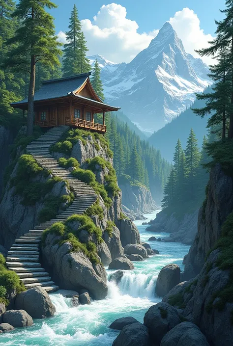 Stone stairs and alpine trees, bamboo hut  on the rock and white water river and mountain