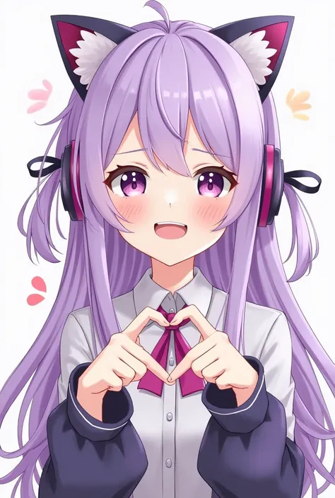  1 woman,  smiles,  ribbon hair accessory,  shiny hair, Purple Hair、neon、VTuber、 long hair,  earrings for a woman alone,  purple eyes、Wings on the back、 cat ear headphones,  shy, two hands finger heart 