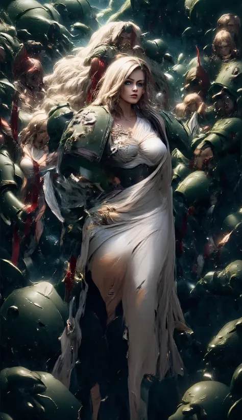 solo,  Realistic anatomy ,  high detail, HD model,  high quality ,  long hair,  white hair ,  big breasts ,  blue eyes, makeup, female space marine, power armor