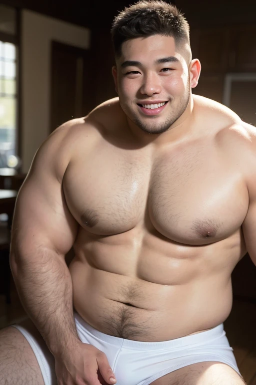 ((highest quality)), ((masterpiece)), (detailed), ((Perfect Face)), 4k, Shaved head, Young boy, Muscular, Fat body, Very big man, smile, ((showing off huge thighs)), A large asian,  ((shirtless man)), whole body, Rugby player, Thick legs, Thick arm muscles...