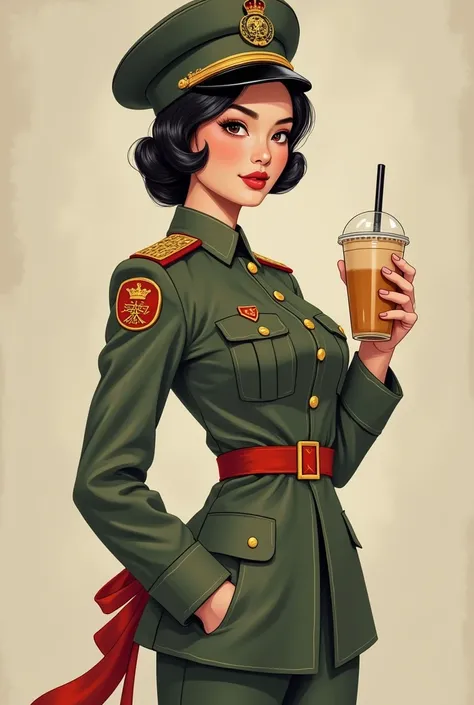 Pin-Up illustration, a Korean maiden, tall and fair, with radiant beauty, beyond compare, in soldiers garb, she stands with pride, her stride is bold, her gaze intense, in North Korean military defense, yet beneath the steel of her stern façade, cleavage, ...