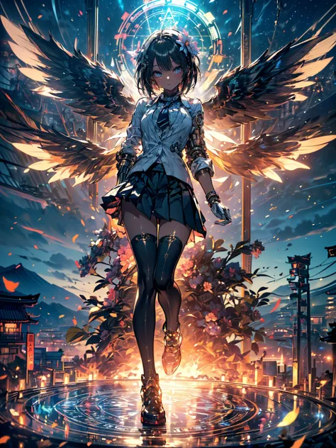 masterpiece,(Best Quality),Very detailed,Very detailed,One mechanical high schoolgirl (1girl.alone:1.4)(Sky background above central Hiroshima:1.2),(A gal high school girl with dark tanned skin:1.2)Very attractive eyes(Fully open white stand collar shirt s...