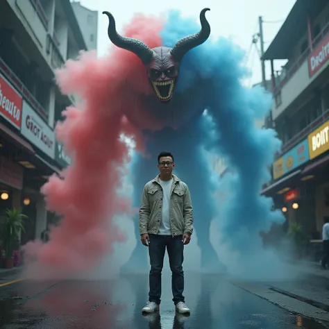 high quality photo, man wearing glasses from indonesia, neat black hair, light colored jacket, jeans, sneakers, standing, behind him a large and scary creature, with horns, transparent red, blue smoke, looking down while grinning, shops, cloudy sky, rainy,...