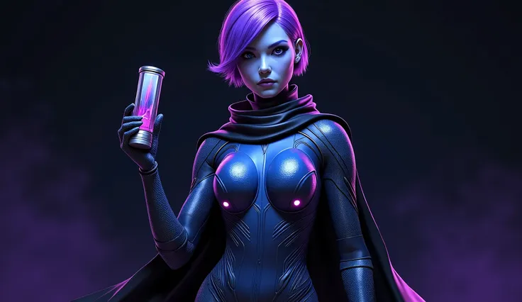 A highly realistic and detailed depiction of a futuristic superhero character inspired by Psiona, featuring a sleek, high-tech bodysuit in shades of deep blue and accents of vibrant purple. She wears a flowing black cape with sharp edges, adding a sense of...