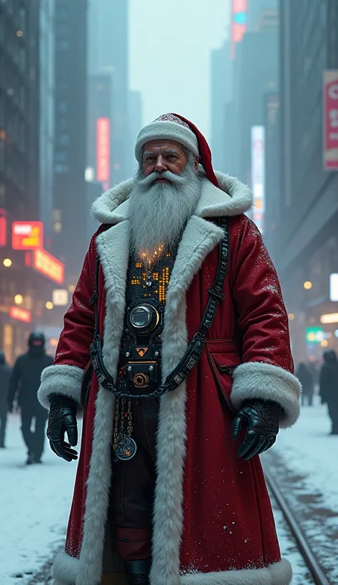 8k realistic future Santa Claus cyberpunk under the snow future city , Regardant le spectateur, Work of art, 