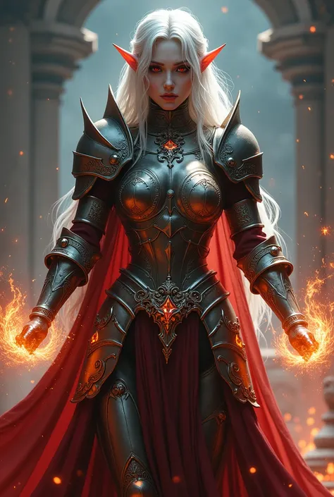 Vampiric female elf in heavy plate armor preparing a heavenly fire spell,
