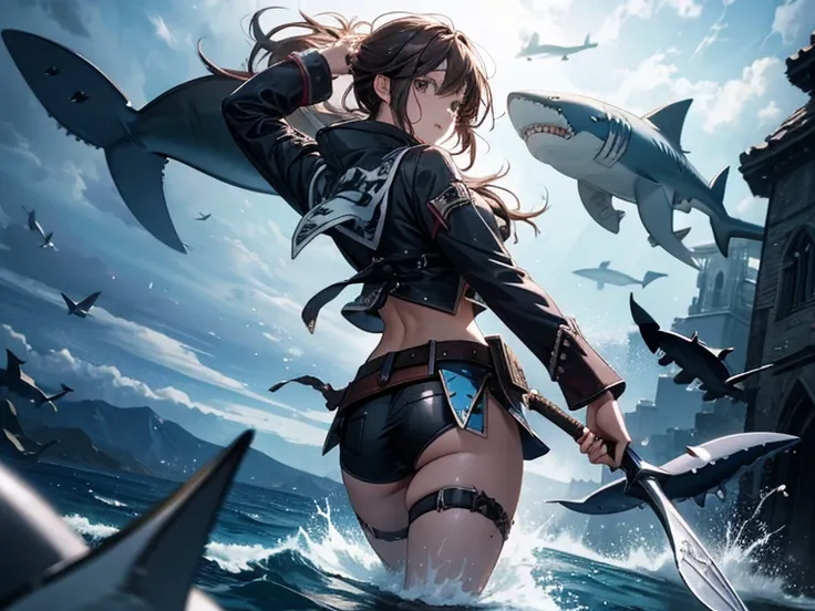 female pirate, anime style,The open sea, fantasy standing in a church, fantasy standing in a church小説の挿絵風、Fighting Sharks, trying to confront a shark with a large knife in her right hand,( expression of fear）、water droplets,(run away）( Looking Back）、 focus...