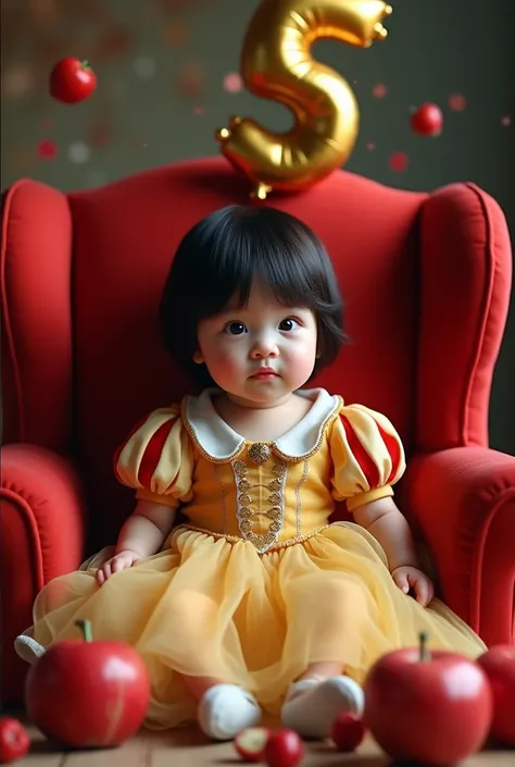 Create a beautiful baby with short straight black hair dressed as a snow white princess with the golden balloon in the shape of a number 5 and apples in the background sitting in a red armchair 