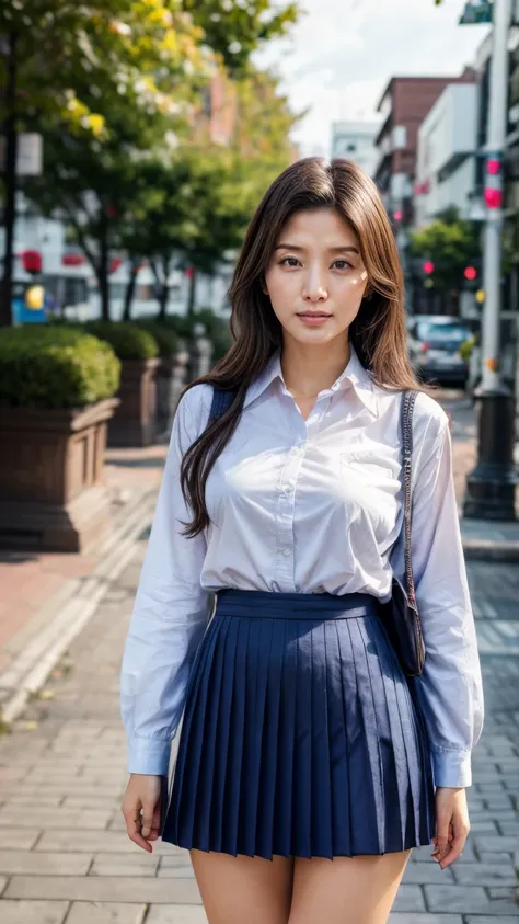 a beautiful 18 year old Japanese high school girl with perfect anatomy, healthy thighs, beautiful legs, beautiful skin, random hair color and style, large breasts, (wearing a Japanese schoolgirl uniform:1.3), penny loafers, holding a student bag, full body...