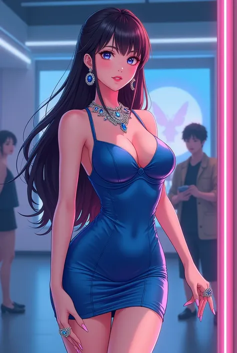  anime girl.  Full Height. 27 years old. Short blue shiny dress .  Blue shiny shoes open-toe heels.  Pink lips and long pink nails .  Big chest and ass ,  choosing from a dress .  thin waist.  White blue gemstone necklace .  White blue gemstone earrings . ...