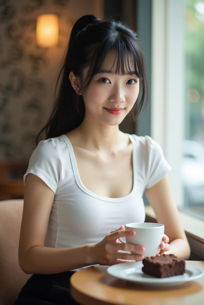 An Asian girl, pink-skinned, with a beautiful, sharp appearance, black ponytail, wearing a white tight shirt, black slacks, long legs, is in a cafe, in her hands she holds a white cup of coffee, on the table is a plate of brownies, in her eyes like someone...