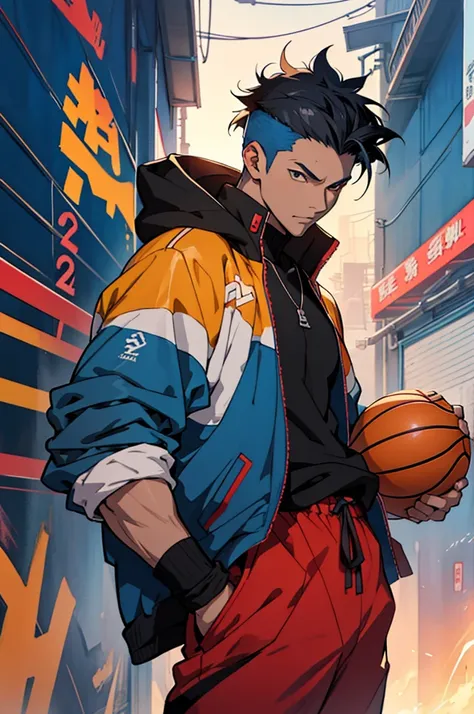 Photo of a mature male  holding a basketball and wearing a jacket, inspired by Zou Yigui, Watercolor illustration style, anime style illustration, Anime visual of a cool character, 2022 anime style, 2 0 2 2 anime style, by Zhou Fang, anime style artwork, b...