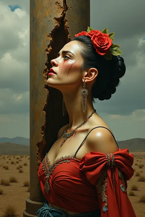 A depiction of Frida Kahlos *The Broken Column* brought to life in 3D-like realism.