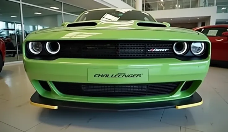 "A vibrant green Dodge Challenger SRT with a shiny polished finish, featuring a custom front license plate that displays Challenger and Dodge along with the Dodge logo. The car is showcased in front of a luxurious, modern showroom similar to Lakes Reeves S...