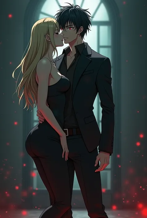 Black-haired and red-eyed man kissing a physically fit woman with long blond hair and big breasts anime version anime version 