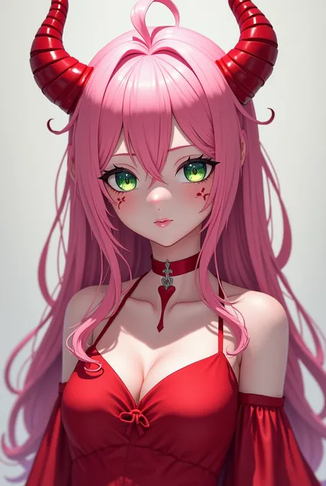 anime girl with pink hair dressed in red dress with white skin with red horns and green eyes with red color under her eyes