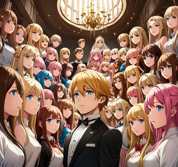 A boy with blue eyes and blonde hair is wor a big house with 15 girls with blond hair and pink hair and brown hair 