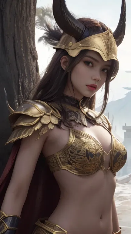 8K, Ultra HD, realistic Color, ​masterpiece, 1 girl, Luminous glowing Eyes, detailed red lips, ultra long brown hair, ( white engraving armor with silk robe:1), bare waist, (war horn helmet:1.5), Indonesian female beauty warrior wearing a battle war damage...