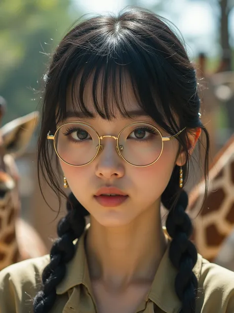 Photorealistic, masterpiece, Best Quality, Super detailed, A Japanese girl, safari look-wear, fashion model, background is Inside the zoo, Giraffes and zebra, 
more beautiful and delicate eyes than keeltheequine , Beautiful face,  face with the crowd, Real...