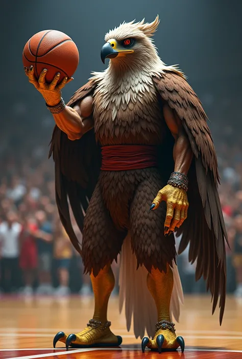 Man in hawk costume holding ball in one hand for basket ball tournament