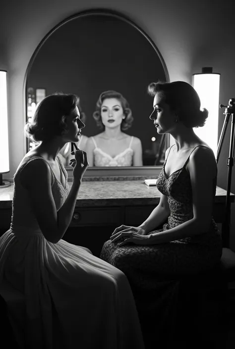 A black and white shot of a 1940s-50s Hollywood makeup scene, featuring three women in elegant dresses, a vanity table with a mirror, and a tripod.  Focus on the dramatic lighting, soft shadows, and the rich textures of the fabric, creating a vintage film ...