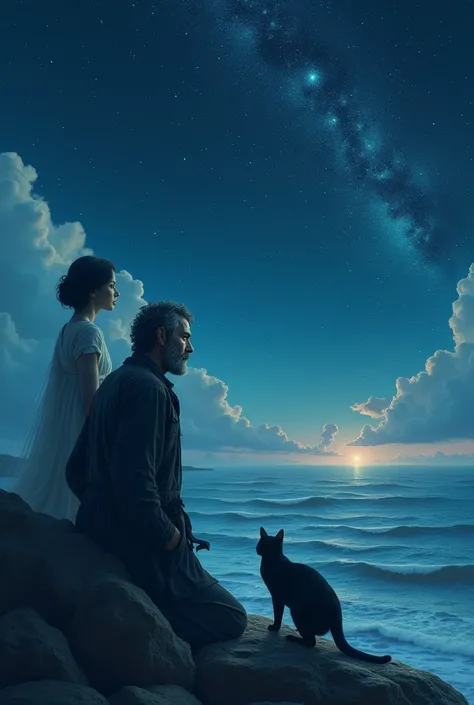 Man, the sea, the stars, a cat and a woman 