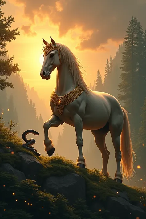 A regal and majestic king horse with a golden crown on its head, standing tall and proud on a lush green hill, illuminated by a glowing sunset. Near the horse, a sleek and cunning snake slithers around a rock, its eyes glowing with wisdom and mischief. The...