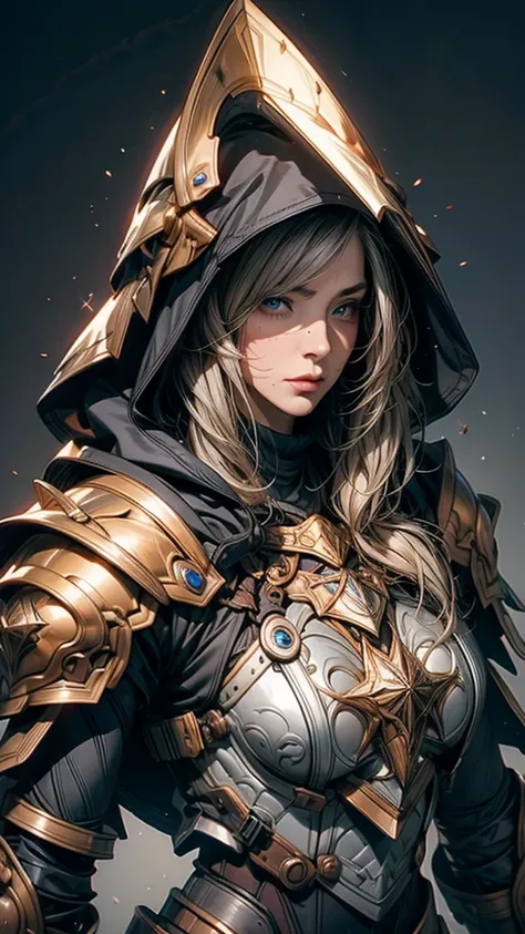 Mature woman, fantasy metal armor, hooded, mole, eyes close, 