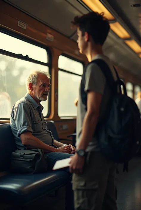 A classic train interior, with sunlight streaming through the windows. Inside, a middle-aged man sits on a seat, wearing casual clothes, his bag by his side. A look of sadness on his face, he looks out the window. In front of him is a young man, wearing ca...