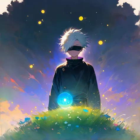 A whimsical hand-painted Studio Ghibli-style illustration featuring Satoru Gojo from Jujutsu Kaisen. Gojo is depicted in a serene, lush meadow under a soft twilight sky, surrounded by rolling hills and glowing fireflies. His iconic spiky white hair is slig...