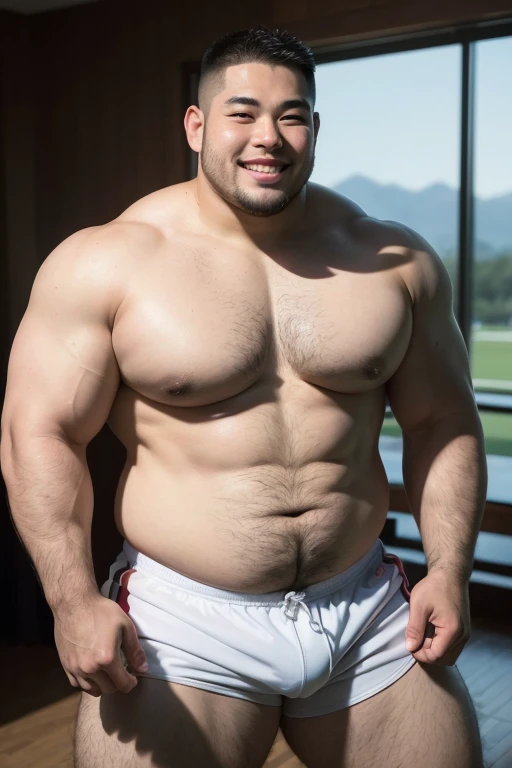 ((highest quality)), ((masterpiece)), (detailed), ((Perfect Face)), 4k, Shaved head, Young boy, Muscular, Fat body, Very big man, smile, ((showing off huge thighs)), A large asian,  ((shirtless man)), whole body, Rugby player, Thick legs, Thick arm muscles...