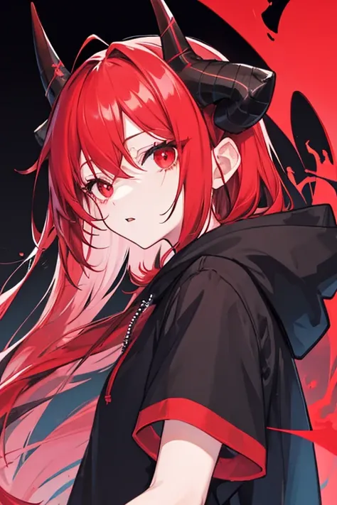 The girl who fell into darkness wearing a black hoodie。 there are no highlights in the eyes 。 red hair long hair, red eyes, red eyes 、Odd Eye with brown right eye 。
There is a scar on the left eye。
devil。front。 has horns 