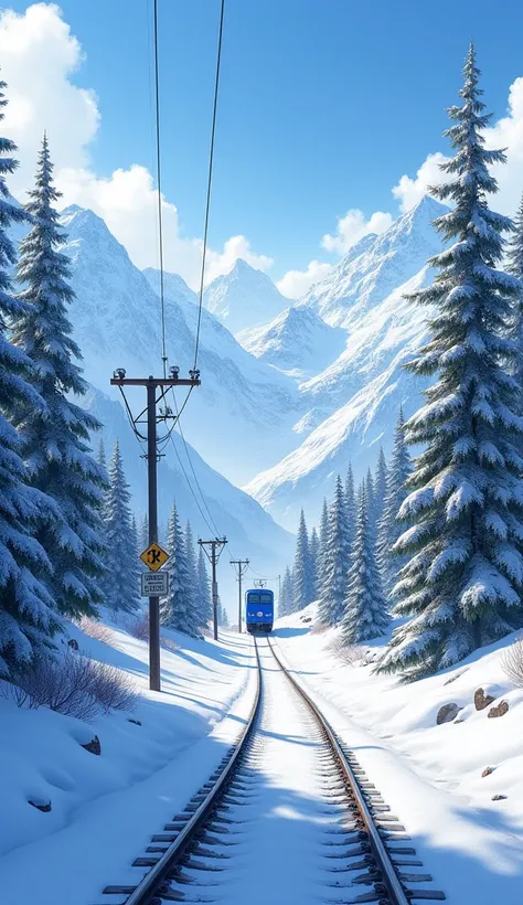 To replicate this serene and vibrant snowy mountain train scene, here’s a detailed prompt:  

---

**Prompt Description:**  
A tranquil winter landscape featuring a railway track curving through a snow-covered forest, with a small blue train approaching in...