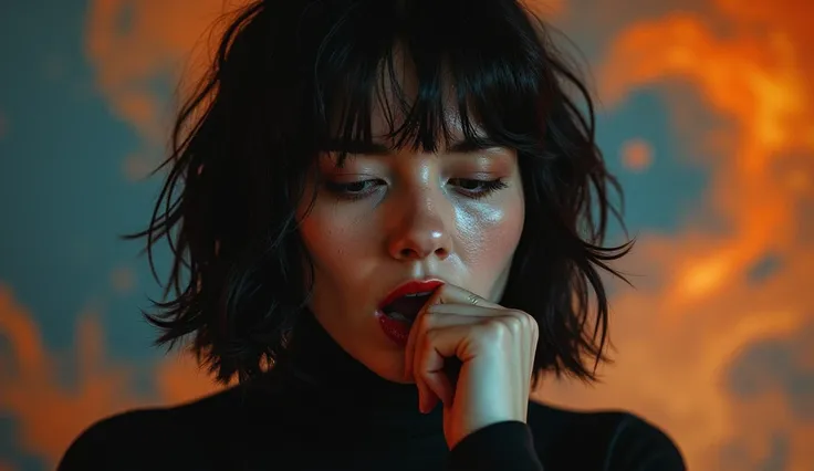 ultra-detailed, realistic, wallpaper, suck finger, ecstasy,woman head, disheveled, hard breath, bob cut, sexual tension, red lips, sexy despair, sweat, loosing control, turtleneck, void, abstract, orange blue, 