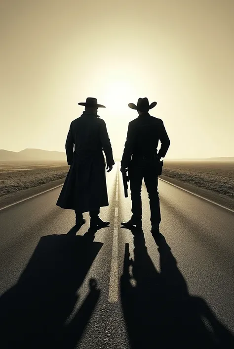 image where only the shadows of two cowboys appear on the asphalt 