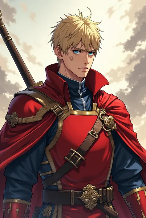  Create me a picture of a soldier from the Middle Ages with red and white general armor, without helmet and with blond hair in anime form ! The hair short and blue eyes ,  on the right side a scar.