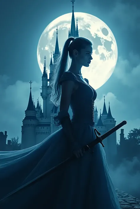 (8k, Highest quality, masterpiece)，Double Exposure, silhouette, (, One Female Swordsman, ), Close-up, Moonlit Night, Cinderella Castle, Outdoor, (beautiful and huge bouncing firm ample breasts, deep cleavage:1.5) and a huge waist, healthy slim body, 