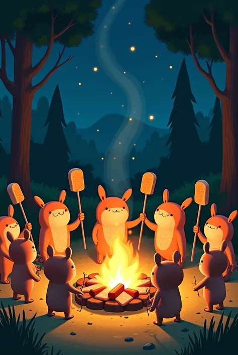  Create a picture , Where ten ren roast stick bread on a campfire.