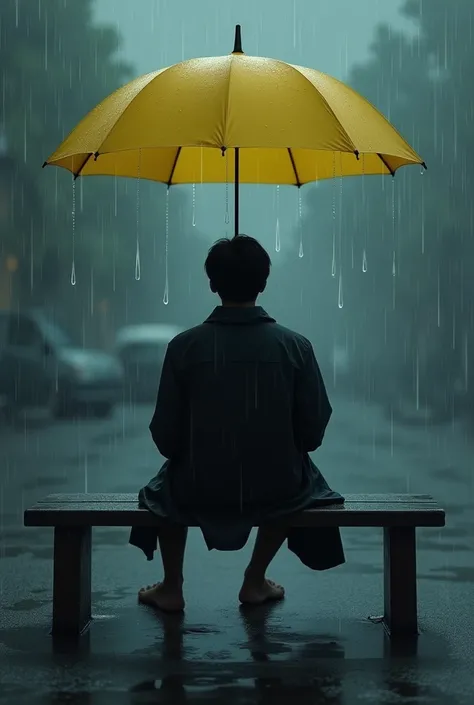 Dismal Asian man with short black hair sitting alone on a bench during a heavy rainstorm, clad in a dark raincoat, showing a forlorn expression as he gazes at an invisible entity. A yellow umbrella is positioned above him, as if held by an invisible person...