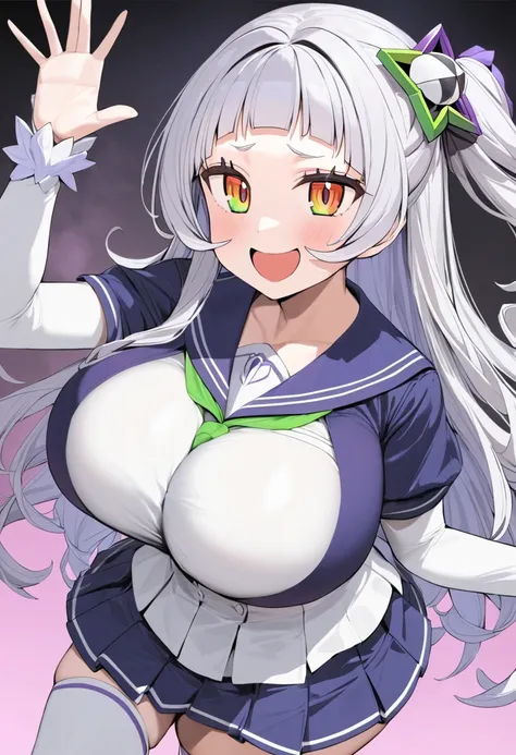 ( best quality, 8k, masterpiece),  girl , young , Idol , 1 person ,  murasaki shion,  hololive , Silver Hair  , Big Breasts ,smile ,  like heaven ,  red cheeks  , Tanimachis emphasis  , A rich variety of skin tones  , (  sailor suit  , thigh-high socks :1....