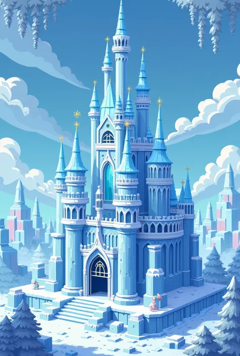 pixel art, A Cinderella Castle made of ice. A world made of small blocks.