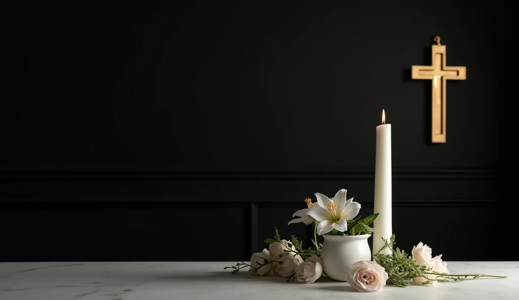 Table with a Candle:
Position a tall white candle on a minimalist table to the right side of the frame. The candle emits a soft glow, creating a warm, calming light.

Vase with Fresh Flowers:
Next to the candle, place a small vase with light-colored flower...