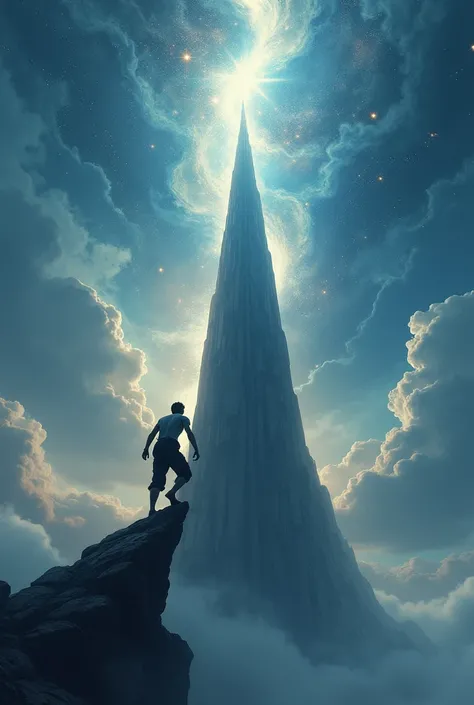 Kim scales the towering Spire of Eternity, surrounded by swirling clouds and stars growing brighter as he ascends. Wherein skyline Kim is a man.