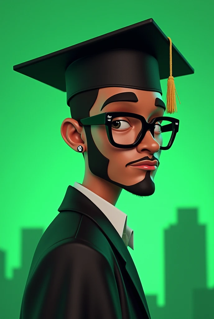 Create an animated image of the Colombian singer Feid wearing a graduation cap, a very urban style that shows the color green and has black glasses that say Fer on the right side and xxo in white and on the left side with a green background 
