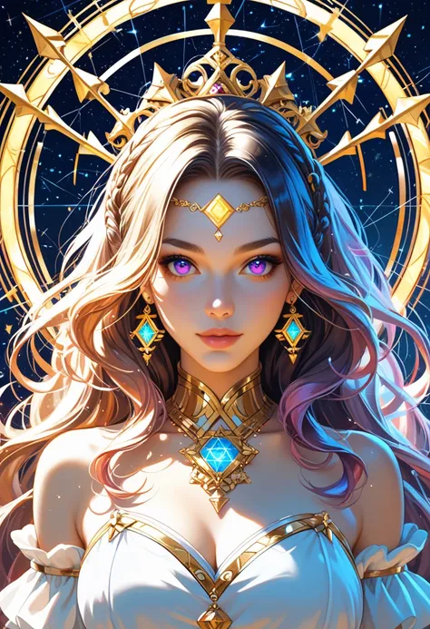 A mystical close-up of a young woman embodying the zodiac sign Sagittarius. She has glowing violet eyes and long, flowing hair with streaks of gold. Her face is adorned with subtle markings of the Sagittarius constellation, and a glowing arrow-shaped emble...