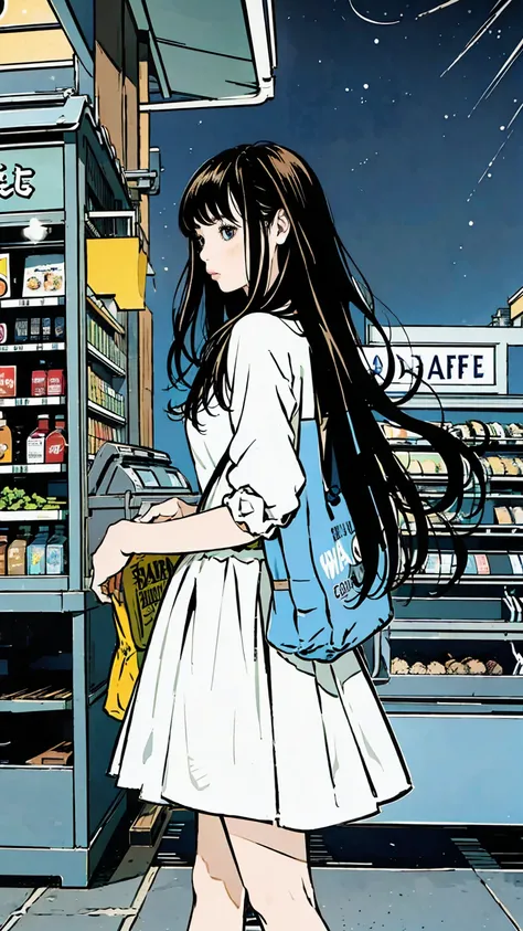 In Front of a convenience store at night、Cafe、 girl、whole body、Front、 dress、 black hair、 long hair、