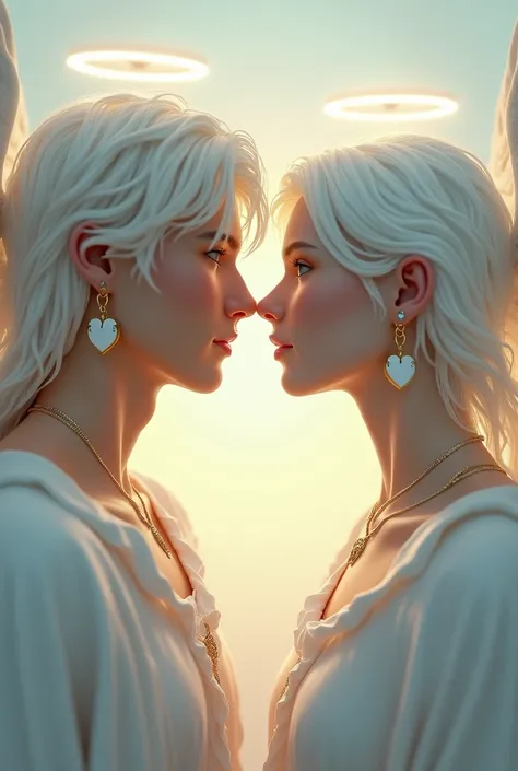 Male white angel with a brown skin color and a white half heart necklaces and next to it a female angel with pale skin and the other half of the white heart. Both with white hair and a halo and white wings