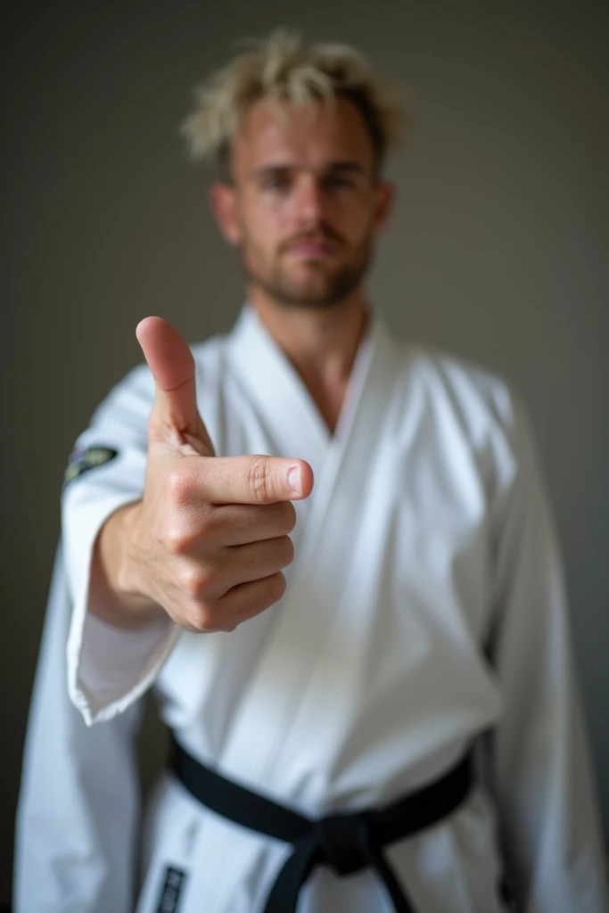 a man takes a picture of his hand with a black taekwondo belt with a one-person medium hand without light-colored hair